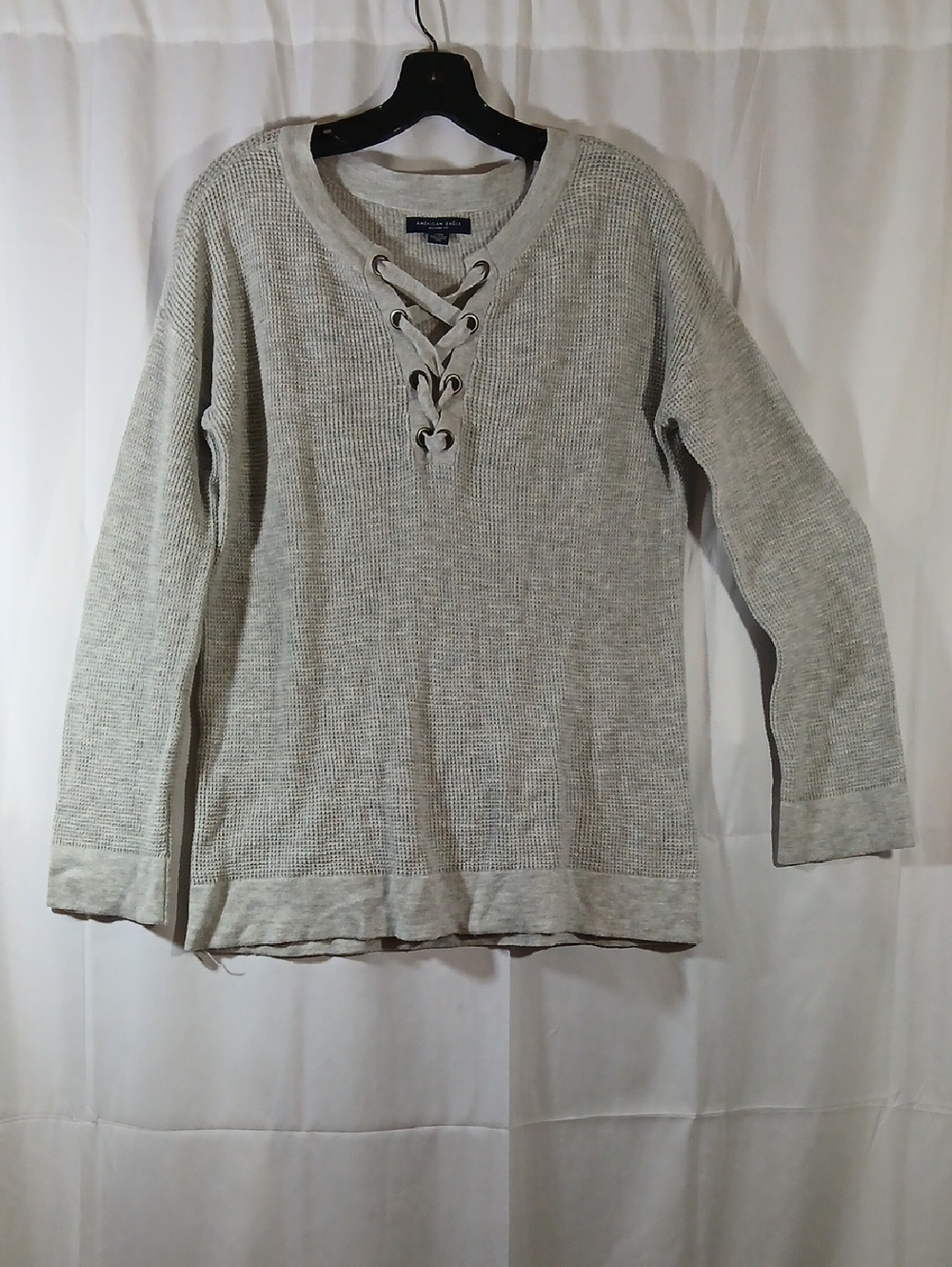 American Eagle Womens Small Jegging Fit Gray Top Lace Up Waffle Weave
